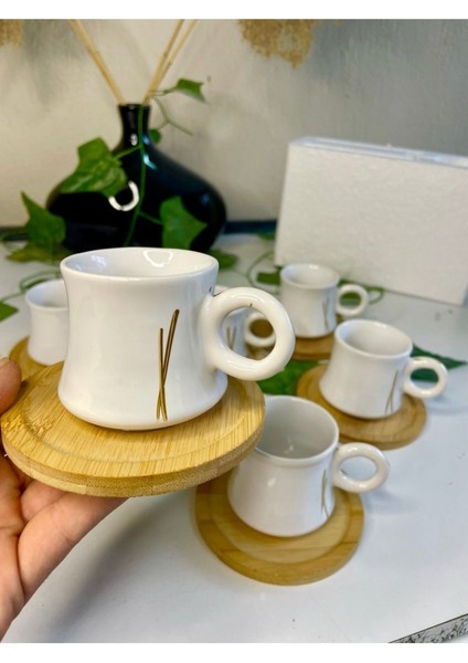 6 Kişilik Şık Fincan Takımı, Bambu Tabaklı, Beyaz Renkli, Modern ve Zarif Tasarım modelleri