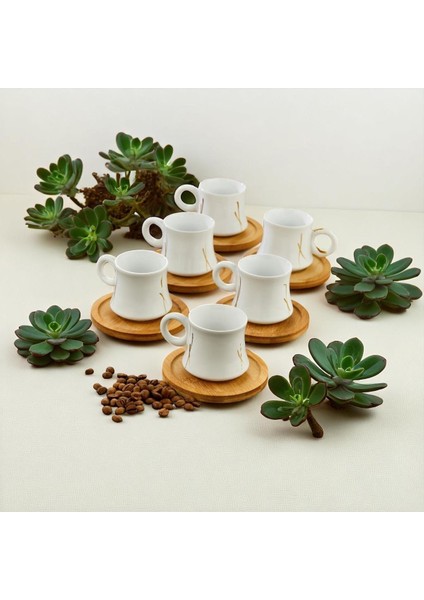 6 Kişilik Şık Fincan Takımı, Bambu Tabaklı, Beyaz Renkli, Modern ve Zarif Tasarım fırsatları