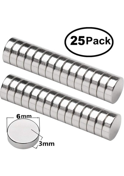25 Adet Çap 6mm, Kalınlık 3mm Güçlü Neodyum Mıknatıs, Gümüş Renk fiyatları