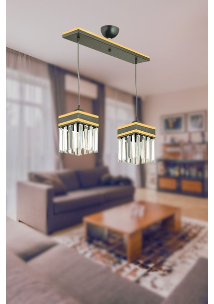 2'li Siyah Kristal Taşlı Sarı Şeritli Kare Aşağı Bakan Lüks Avize