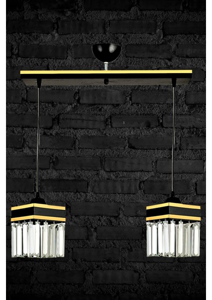 2'li Siyah Kristal Taşlı Sarı Şeritli Kare Aşağı Bakan Lüks Avize fiyatları