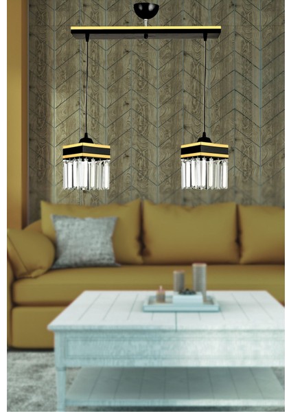 2'li Siyah Kristal Taşlı Sarı Şeritli Kare Aşağı Bakan Lüks Avize modelleri