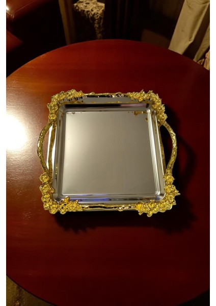 Gri Lüks Kulplu ve Ayaklı Sunum Tepsisi, Kahve Servisi Için Şık Tasarım fiyatları