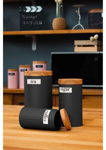 3'lü Siyah Metal Saklama Kabı Seti, Çay, Kahve ve Şeker Için Modern Tasarım