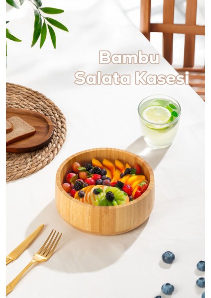 Doğal Bambu Salata Kasesi, 18CM, Orta Boy, Şık ve Hafif Tasarım