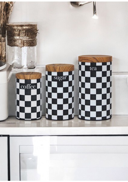 Bambu Kapaklı Metal Dama Desenli 3'lü Saklama Kabı Seti