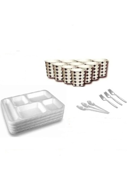 Şık 5 Gözlü Köpük Tabak Çatal Kaşık Bardak Seti, 50 Adet, Ekru