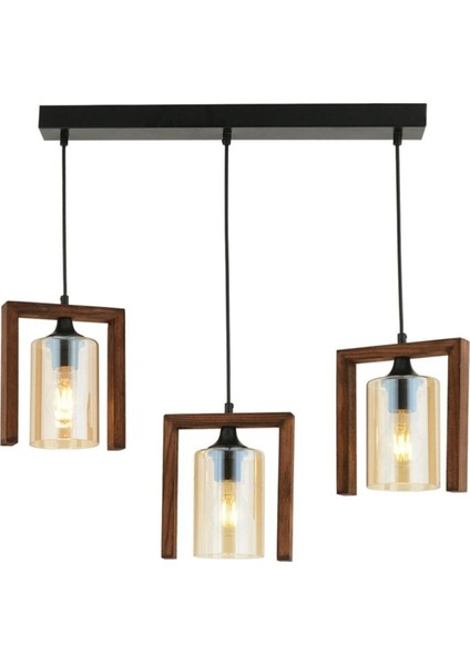 Kare Ahşap 3'lü Avize, Sıcak ve Şık Aydınlatma Seçeneği