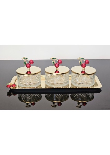 3'lü Kızıl Gold Tepsili Kase Seti, Şekerlik, Sunum ve Çerezlik