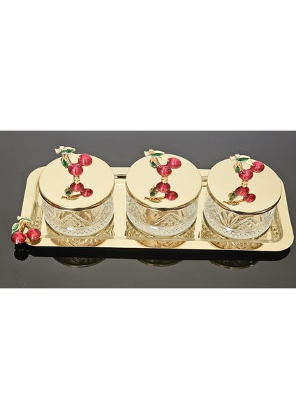 3'lü Kızıl Gold Tepsili Kase Seti, Şekerlik, Sunum ve Çerezlik fiyatları