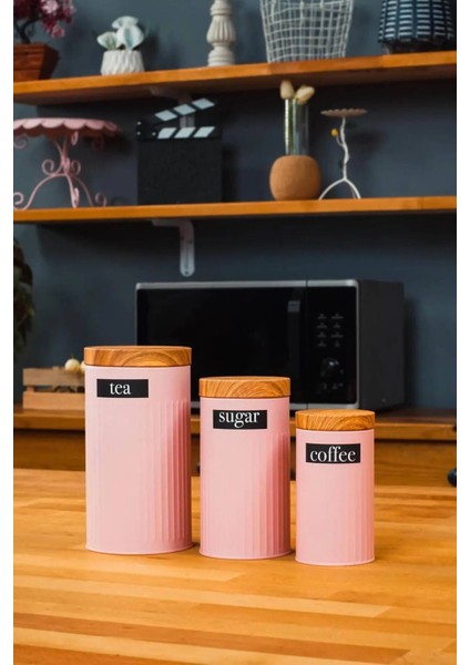 Pembe 3'lü Metal Saklama Kavanozu Seti, Çay Kahve Şeker Için Şık Tasarım