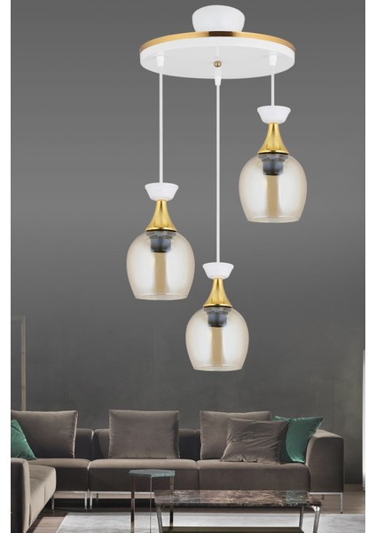 Modern 3'lü Sarkıt Tepsi Avize, Bal Cam ve Sarı Şerit Detaylı Şık Aydınlatma