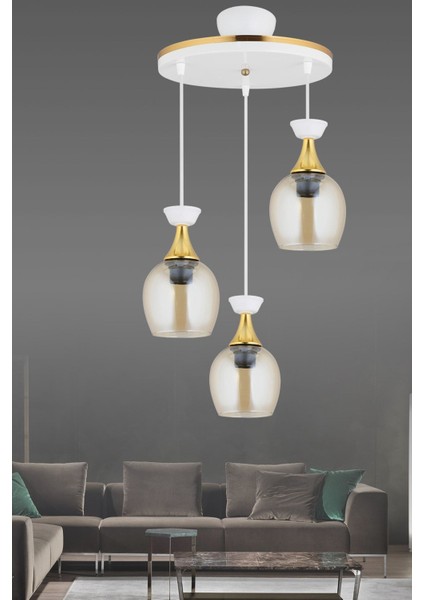 Modern 3'lü Sarkıt Tepsi Avize, Bal Cam ve Sarı Şerit Detaylı Şık Aydınlatma modelleri