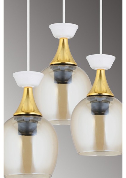 Modern 3'lü Sarkıt Tepsi Avize, Bal Cam ve Sarı Şerit Detaylı Şık Aydınlatma