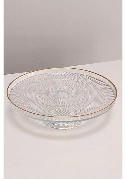 Altın Yaldızlı Ayaklı Cam Pasta ve Kek Sunum Tabağı