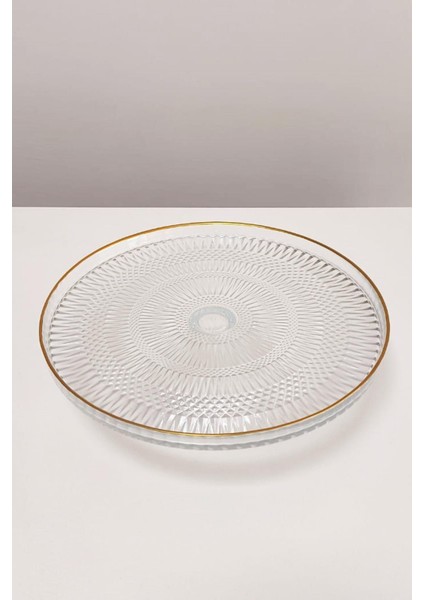 Altın Yaldızlı Ayaklı Cam Pasta ve Kek Sunum Tabağı