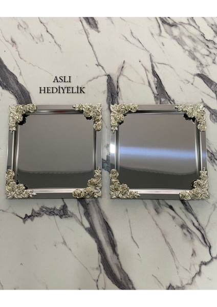 2'li Lüx Gümüş Çiçekli Kare Kaplama Servis Tepsisi 21X21