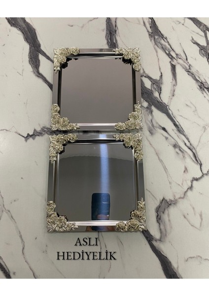 2'li Lüx Gümüş Çiçekli Kare Kaplama Servis Tepsisi 21X21 fiyatları