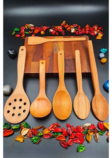 El Işçiliği 6'lı Ahşap Mutfak Seti, Kepçe, Kevgir, Kaşık, Spatula, Bej fiyatları