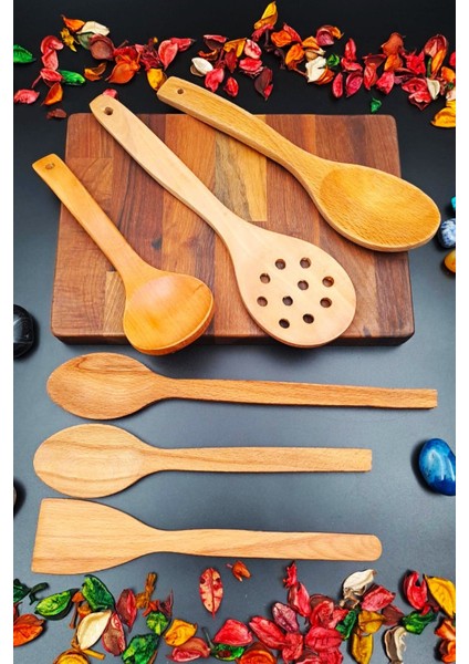 El Işçiliği 6'lı Ahşap Mutfak Seti, Kepçe, Kevgir, Kaşık, Spatula, Bej modelleri