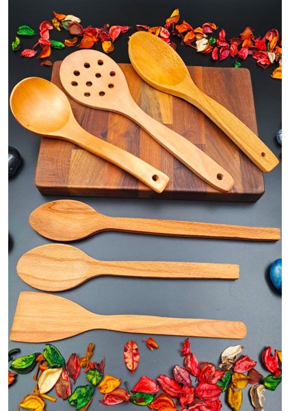 El Işçiliği 6'lı Ahşap Mutfak Seti, Kepçe, Kevgir, Kaşık, Spatula, Bej fırsatları