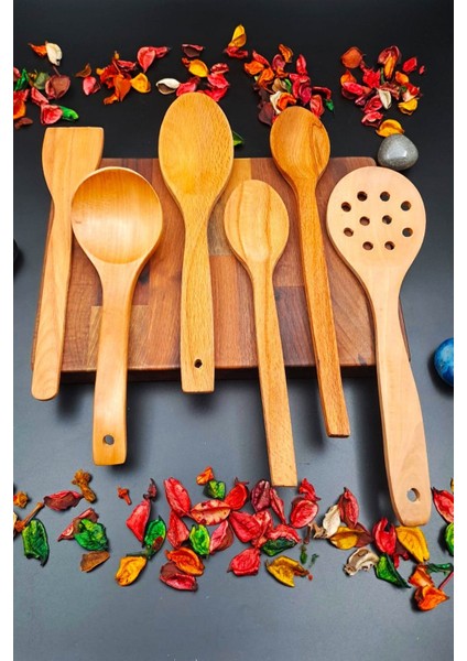 El Işçiliği 6'lı Ahşap Mutfak Seti, Kepçe, Kevgir, Kaşık, Spatula, Bej