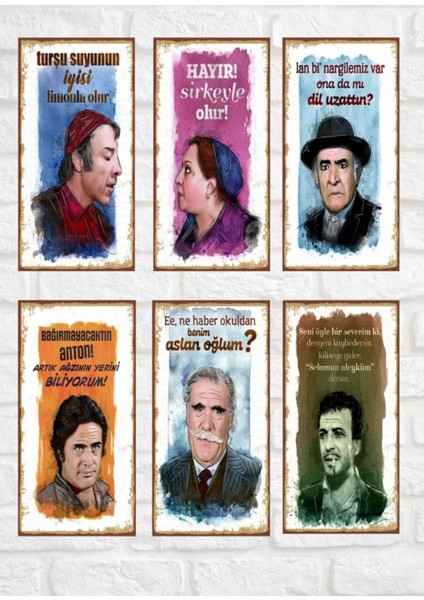 Retro Ahşap Poster Mini Seti, 6'lı, 10X20, Yeşilçam Ustaları Koleksiyonu