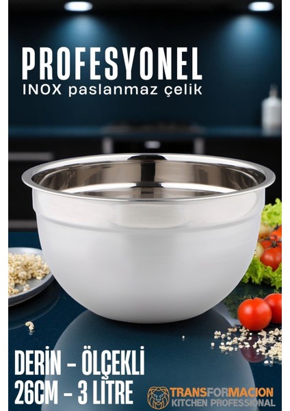 Derin 26 cm Paslanmaz Çelik Karıştırma Kabı, 3 Litre, Dayanıklı ve Şık Tasarım