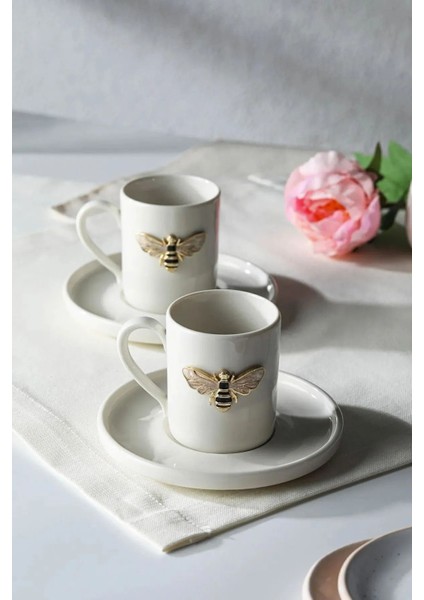 2 Kişilik Beyaz Porselen Arı Kahve Fincan Takımı, Şık ve Zarif Sunum Seti