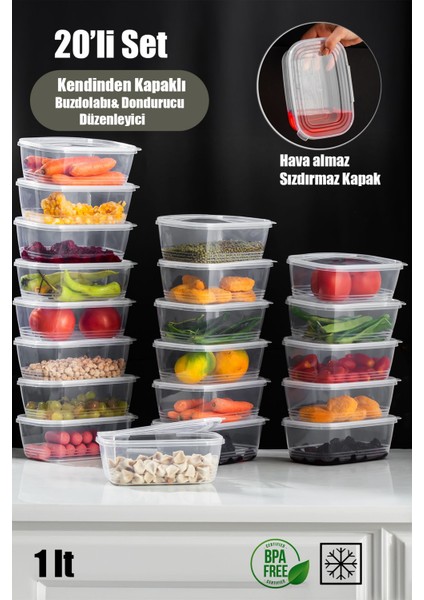 Turuncu, 20 Adet 1l Sızdırmaz, Kendinden Kapaklı, Derin Dondurucu Uyumlu Saklama Kabı
