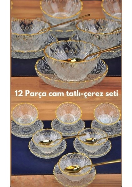 12 Parça Yaldızlı Kristal Lüks Tabaklı Kase Takımı, Şık ve Zarif Tasarım
