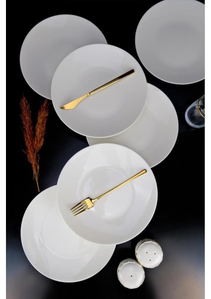 Şık 6'lı Porselen Servis Tabağı, 25 Cm, Bej, Modern ve Minimal Tasarım