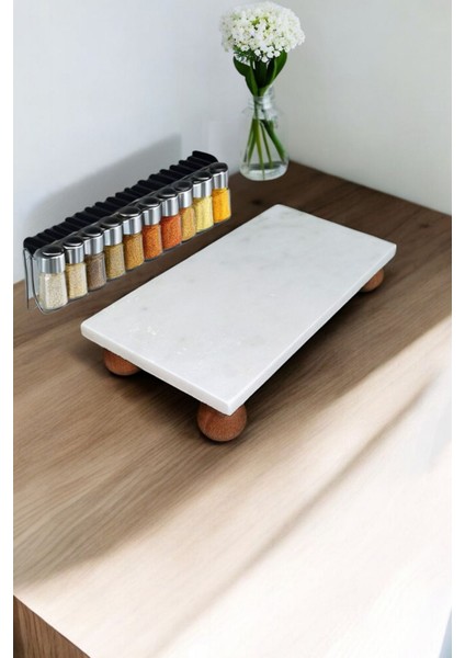 Beyaz Mermer Yağlık Altı Ahşap Misket Ayaklı 23X12 Cm, Şık ve Kullanışlı Tasarım