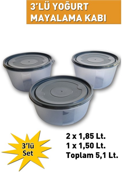 3'lü 5 Litre Yoğurt Mayalama Kabı Seti, Gri, Yoğurt Mayası Dahil Değildir