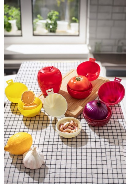 5'li Kilit Kapaklı Sebze Saklama Kabı Seti, Kırmızı