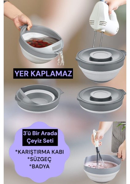 Katlanabilir Mikser Seti, Karıştırma Kabı, Süzgeç, 4 Parça Mutfak Hazırlık Seti