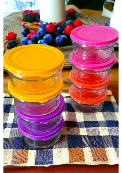 Renkli Cam Saklama Kabı 8'li, 400 Cc, Kahvaltılık ve Reçellik Seti