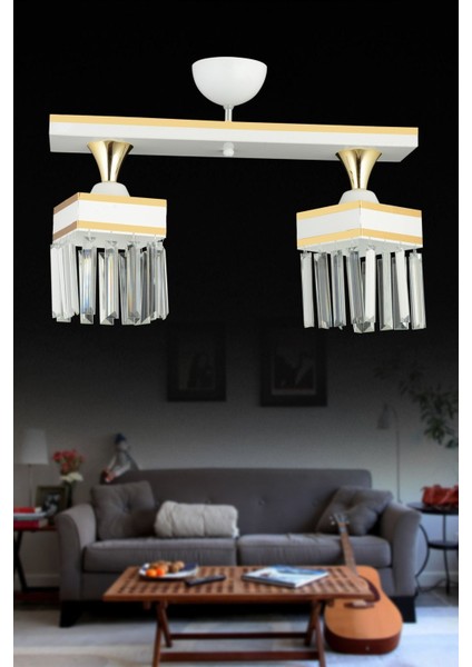 Şık Beyaz Kristal Taşlı Kare Plafonyer Çiftli Lüks Avize