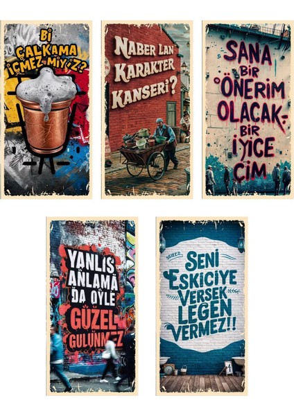 Ilham Verici Özlü Sözler Retro Poster 5'li Set 10X20