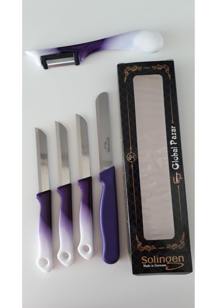 Ebruli Mor Meyve Bıçağı Seti, Yan Soyacak ve Mikro Tırtıklı Doğrama Bıçağı 3'lü