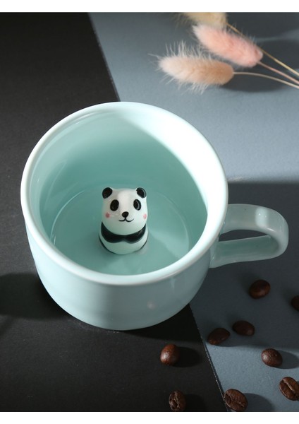 Sevimli Panda Figürlü Porselen Kupa, 230 Ml, Mint Renk, Kahve ve Çay Için.