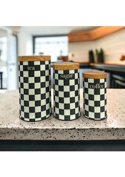 Bambu Görünümlü Kapaklı ve 3'lü Dama Desenli Metal Kavanoz Seti