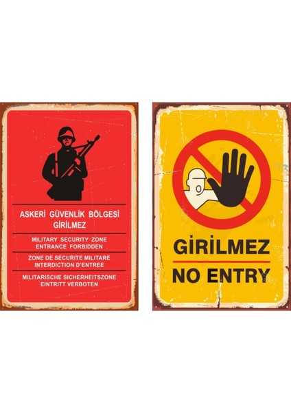 Kırmızı Girilmez Tasarımlı Retro Ahşap Poster 2'li, Şık ve Estetik Dekoratif Ürün