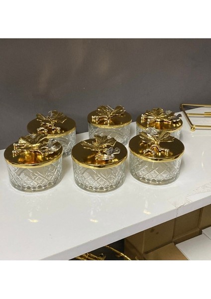 6'lı Gold Kapaklı Cam Kase Takımı, Tatlı, Dondurma, Çerez, Reçel Için Şık Sunum