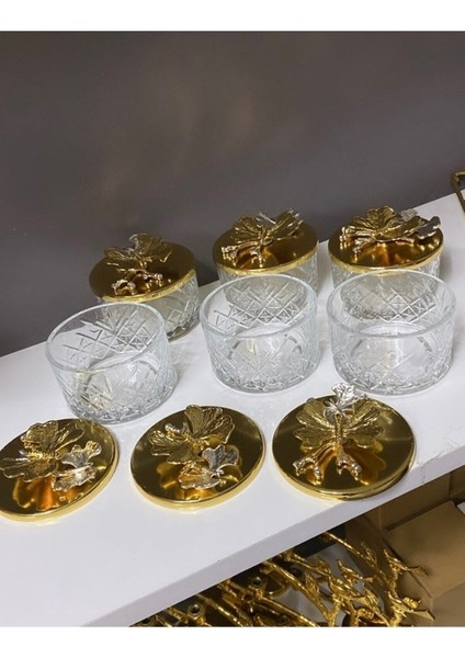 6'lı Gold Kapaklı Cam Kase Takımı, Tatlı, Dondurma, Çerez, Reçel Için Şık Sunum modelleri