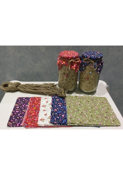 50 Renkli Kavanoz Kapağı Kumaşı ve Boncuklu Bağlama Ipi Seti