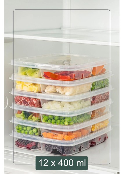 12 Adet Mini Dondurulmuş Öğünlük Saklama Kabı, 400 Ml, 4 Bölmeli, Turuncu