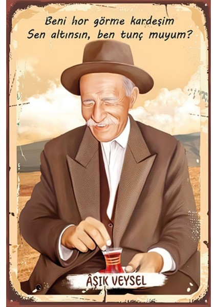 Retro Ahşap Aşık Veysel Poster, Şık ve Nostaljik Dekorasyon Parçası