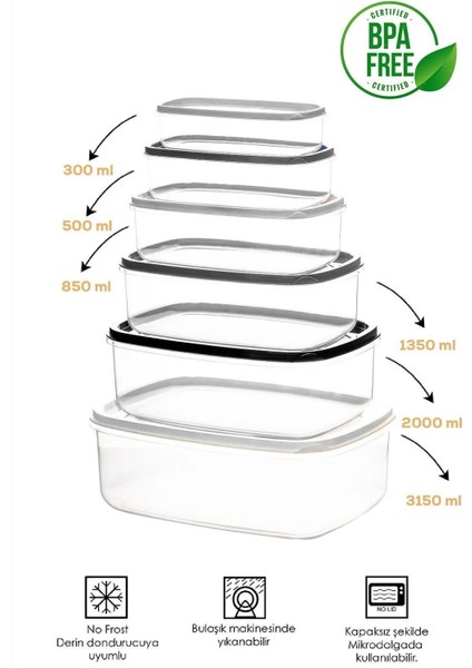 6'lı Dikdörtgen Plastik Saklama Kabı Seti, Çok Amaçlı Gıda ve Erzak Saklama modelleri