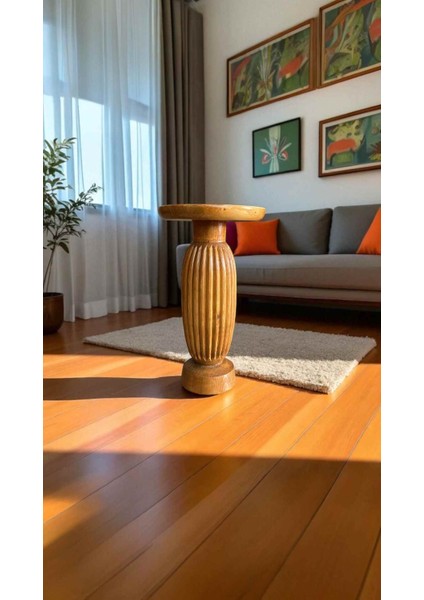 Rustik Masif Ahşap Tekli Yan Sehpa – Doğal Tik Renk Mantar Tasarım